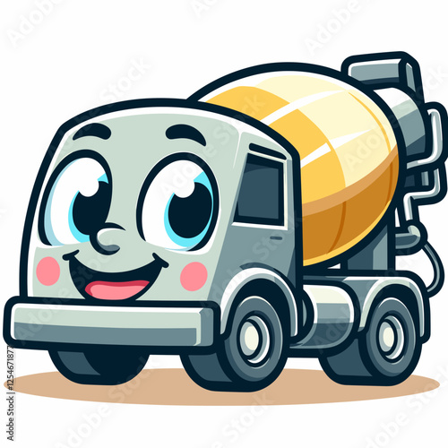 Cute cartoon cement mixer truck with a smiling face