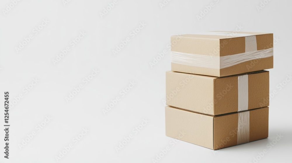 Obraz premium Stacked cardboard boxes on white background; shipping concept