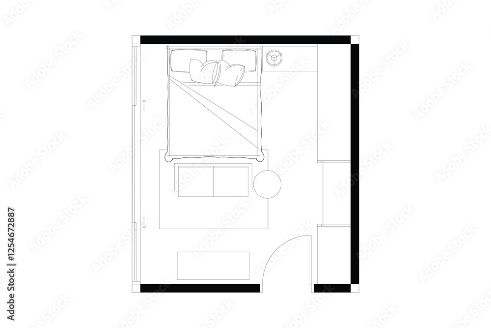 2 dimension of layout of bedroom interior design of furniture plan, black lines on white background. 25 2 dimension of layout of bedroom interior design of furniture plan, black lines on white background. 25