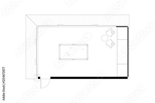 2 dimension of layout of biliard room of furniture plan, black lines on white background. 1