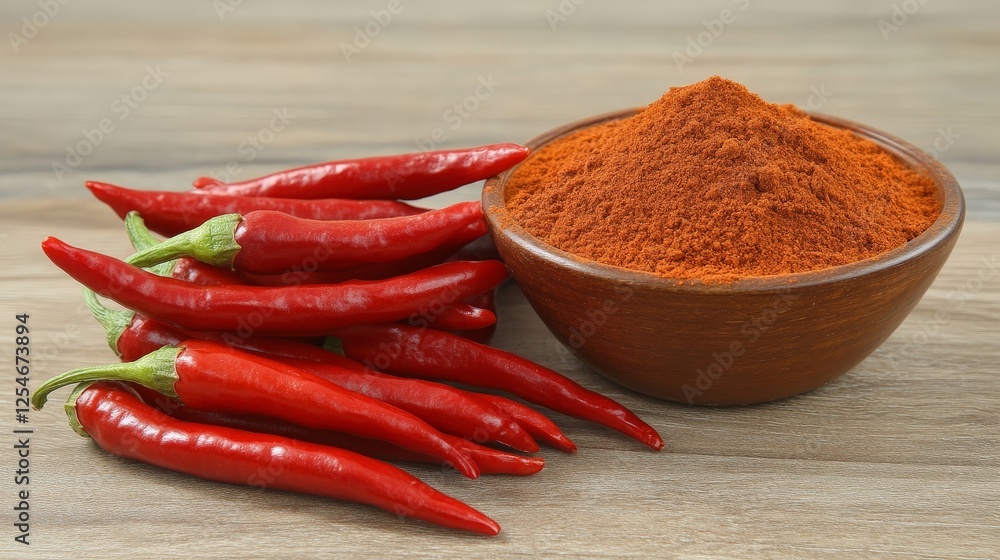 A bowl of chili powder alongside fresh red chilies on a wooden surface. A bowl of chili powder alongside fresh red chilies on a wooden surface.