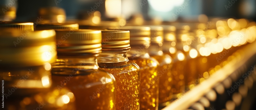 Glass jars artfully lined up, glowing warmly under sunlight, create a visual rhythm that echoes the sweet harmony of their golden contents. Glass jars artfully lined up, glowing warmly under sunlight, create a visual rhythm that echoes the sweet harmony of their golden contents.