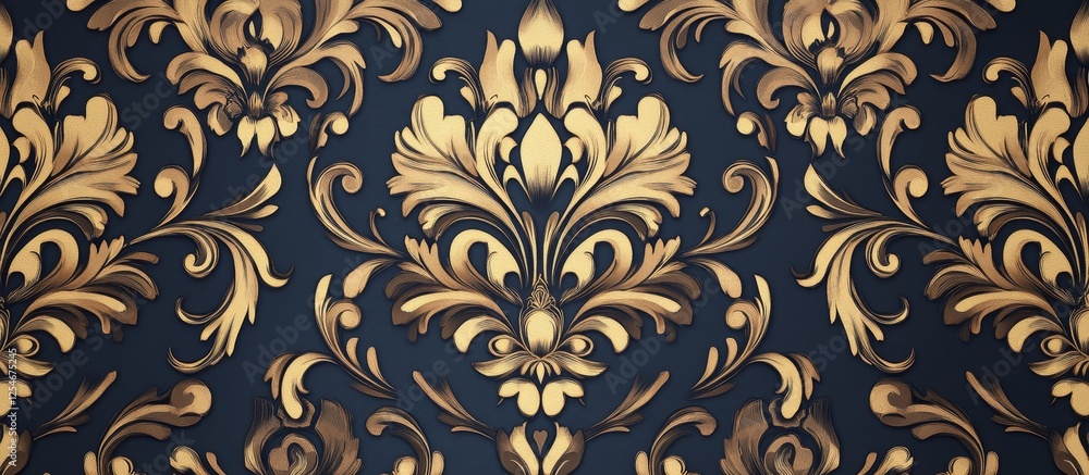 Seamless gold damask pattern on navy blue background. Seamless gold damask pattern on navy blue background.