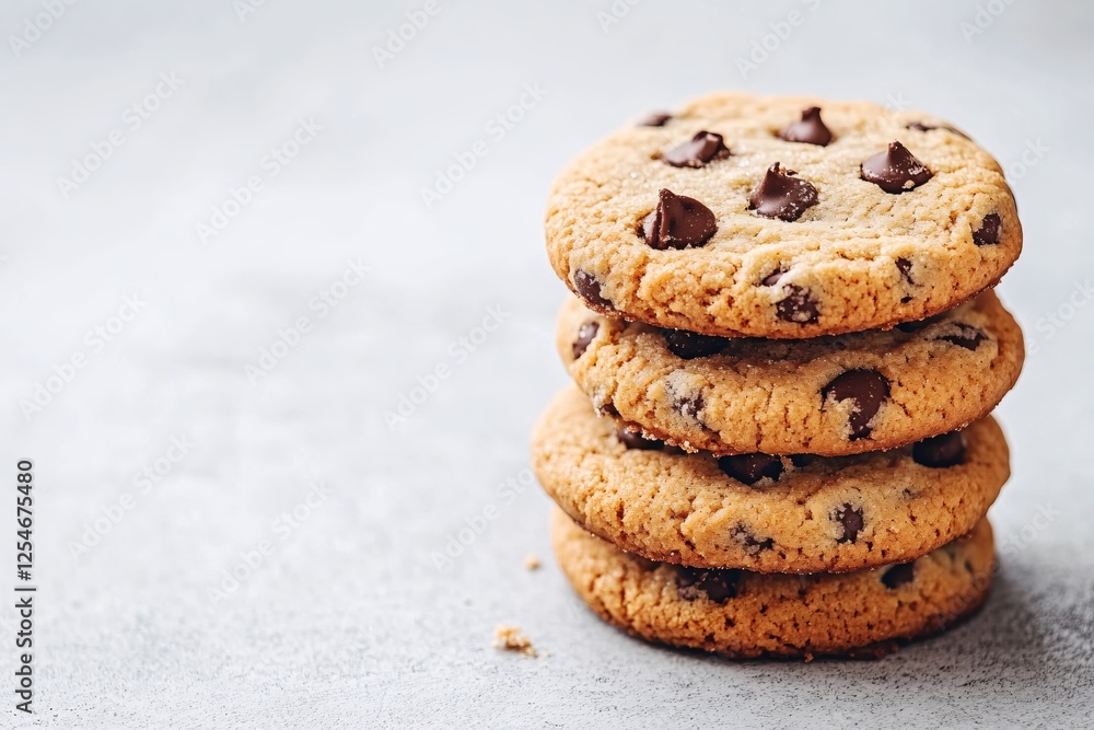 Stack of three chocolate chip cookies on a light gray surface with soft natural lighting Stack of three chocolate chip cookies on a light gray surface with soft natural lighting