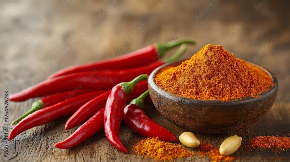 A bowl of chili powder surrounded by fresh red chilies on a wooden surface. A bowl of chili powder surrounded by fresh red chilies on a wooden surface.