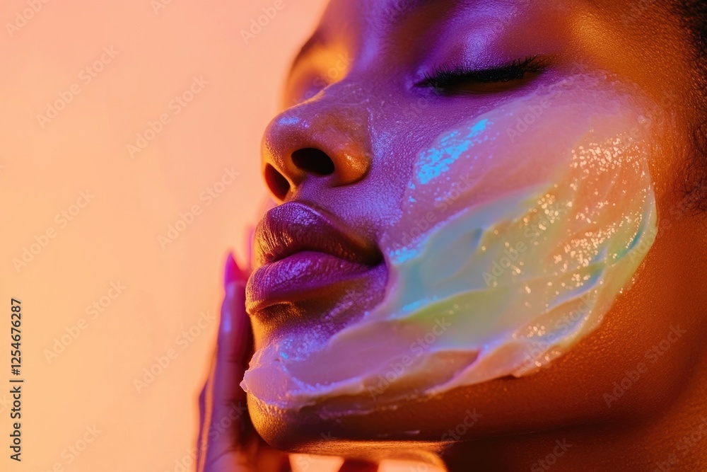 Fototapeta premium Woman applying creamy face mask, glowing skin, vibrant lighting, beauty treatment.