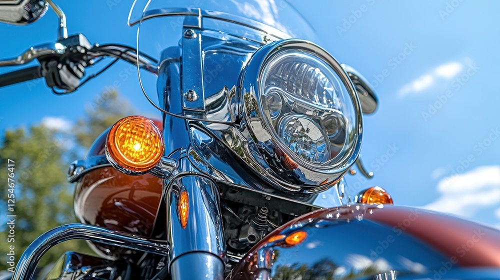 Fototapeta premium Close-up of a Classic Motorcycle Headlight Under a Sunny Sky