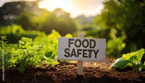 Food safety : Organic food sign on green grass in a natural park setting.