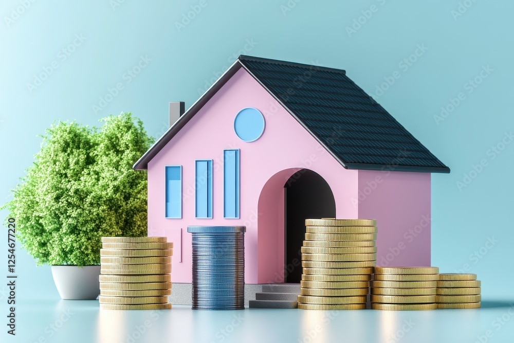 A pink house model beside stacks of coins, symbolizing real estate investment and financial growth with a small green plant accentuating the scene. A pink house model beside stacks of coins, symbolizing real estate investment and financial growth with a small green plant accentuating the scene.
