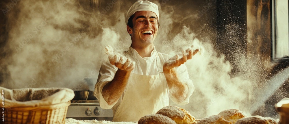© Ai Studio - A baker, enveloped in flour dust, laughs heartily as he crafts fresh bread, embodying the joy of his passionate craft.