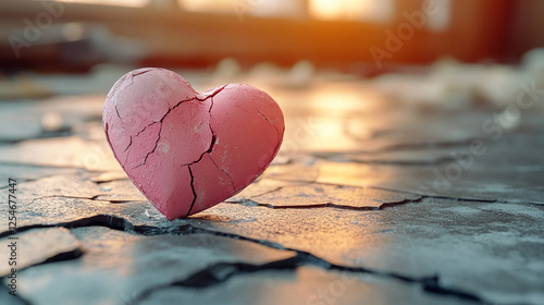 A pink heart-shaped piece broken on a light background symbolizing love, heartbreak, and emotional struggles in relationships with a modern, blurred tone and empty space for captions photo