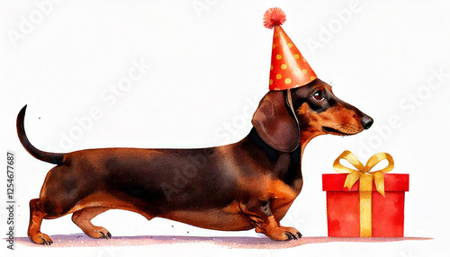 Watercolor of a humorous dachshund in a party hat with a gift.
