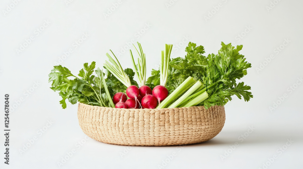 Fresh vegetables in wicker basket, including radishes, celery, and leafy greens, create vibrant and healthy display. Perfect for promoting healthy lifestyle Fresh vegetables in wicker basket, including radishes, celery, and leafy greens, create vibrant and healthy display. Perfect for promoting healthy lifestyle