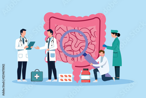 Medical illustration of doctors examining the human intestine, researching digestive health, gut microbiome, and gastrointestinal diseases. Concept of healthcare, diagnosis, treatment, medicine.