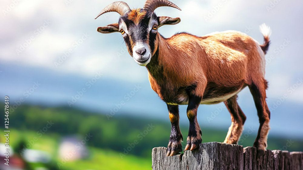 Obraz premium A curious goat standing on a wooden post with a scenic countryside backdrop under a bright sky