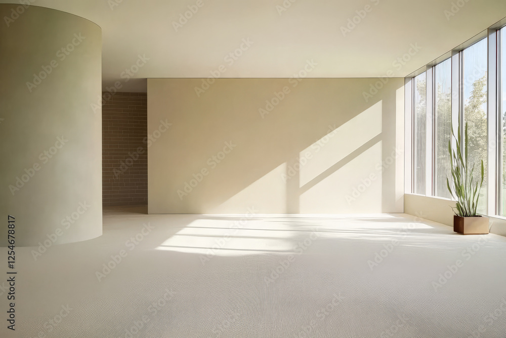 Bright and serene empty interior with natural light and potted plant Bright and serene empty interior with natural light and potted plant