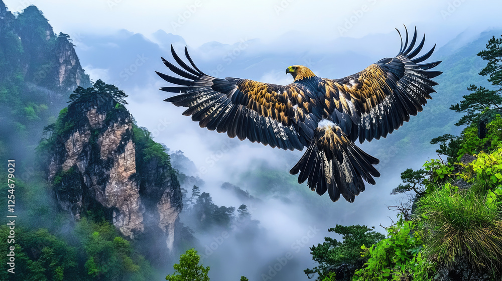 Obraz premium Majestic golden eagle soaring over misty mountains, showcasing nature's beauty and wildlife
