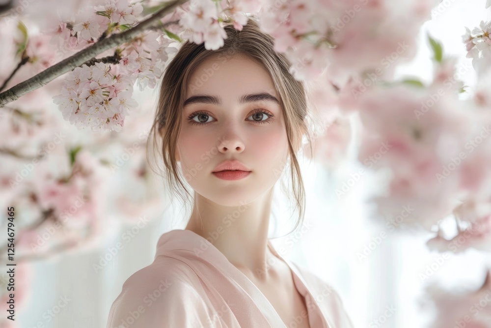 A young woman with flawless skin stands amidst delicate pink cherry blossoms, creating a serene and beautiful image. A young woman with flawless skin stands amidst delicate pink cherry blossoms, creating a serene and beautiful image.