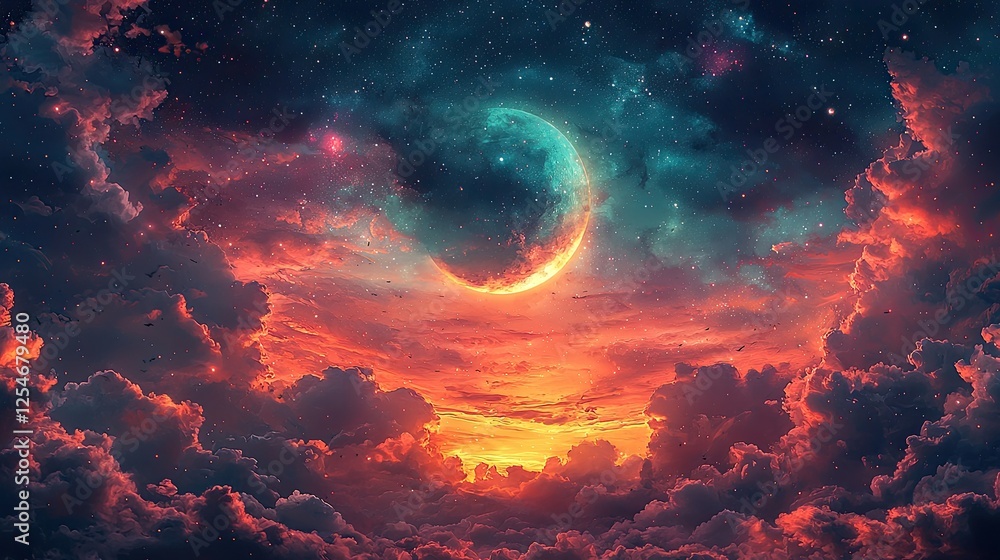 Naklejka premium A breathtaking cosmic landscape featuring a vibrant sunset with a crescent moon amidst colorful clouds