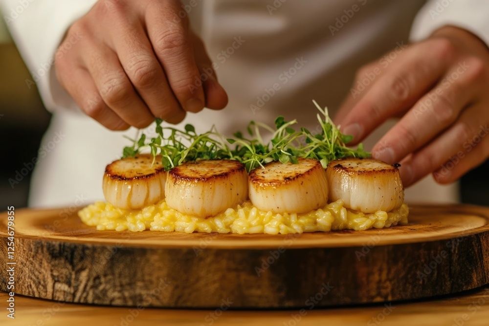 Chef expertly plating pan-seared scallops over creamy risotto, garnished with fresh herbs. Chef expertly plating pan-seared scallops over creamy risotto, garnished with fresh herbs.