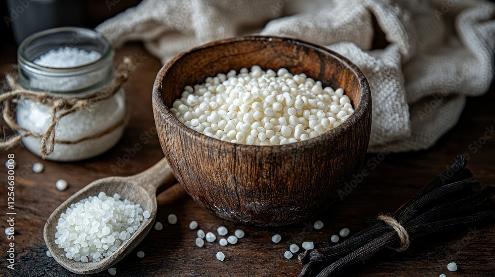 Tapioca Pearls in Rustic Wooden Bowl, Culinary Delight Tapioca Pearls in Rustic Wooden Bowl, Culinary Delight