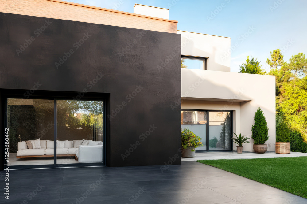 Modern house exterior with sleek designs and vibrant greenery in a sunny afternoon Modern house exterior with sleek designs and vibrant greenery in a sunny afternoon