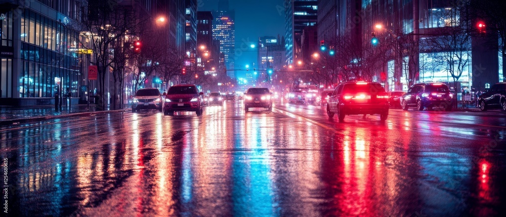 Fototapeta premium Rain-slicked city streets reflect vibrant neon lights, capturing the lively urban pulse of nightlife.