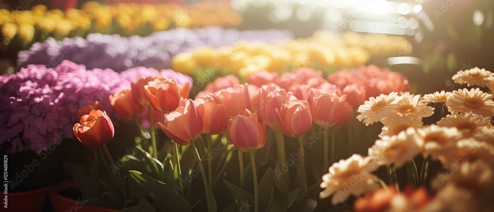 A vibrant display of colorful flowers in full bloom, illuminated by soft sunlight, creating a lively and cheerful atmosphere in a bustling market. A vibrant display of colorful flowers in full bloom, illuminated by soft sunlight, creating a lively and cheerful atmosphere in a bustling market.