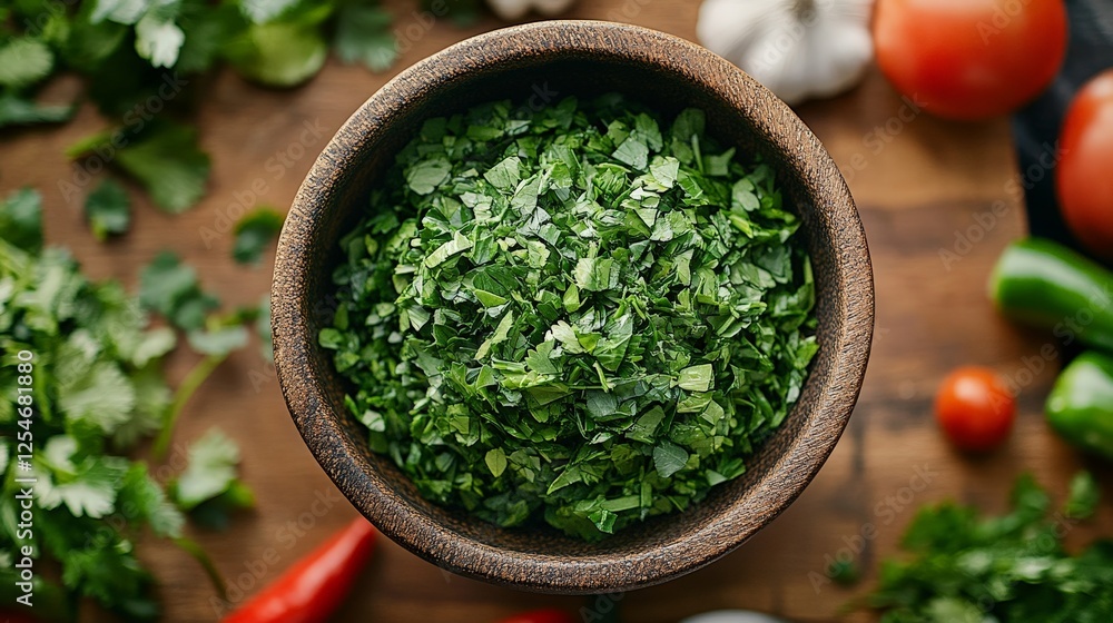 A bowl of chopped green herbs surrounded by fresh vegetables on a wooden surface. A bowl of chopped green herbs surrounded by fresh vegetables on a wooden surface.