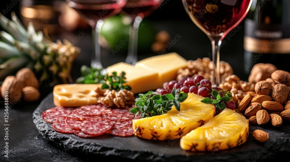 Delicious Charcuterie Board with Pineapple and Cheeses Displayed Delicious Charcuterie Board with Pineapple and Cheeses Displayed