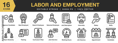 Labor And Employment icon set. Editable Stroke Icon Collection. Includes labor, employment, business, employee, work, and More. Outline icons vector collection.