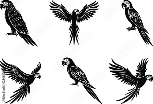 Parrot Macaw premium quality silhouette and line art vector illustration set, Parrot Macaw vector icon design