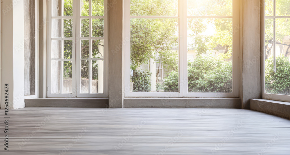 Fototapeta premium Bright and airy indoor space with large windows and wooden flooring