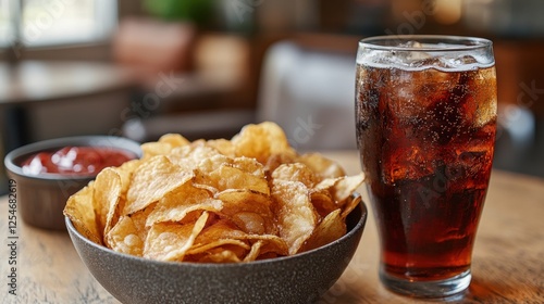 Macro Shot of Ridges Potato Chips Served in Bowl with Drink