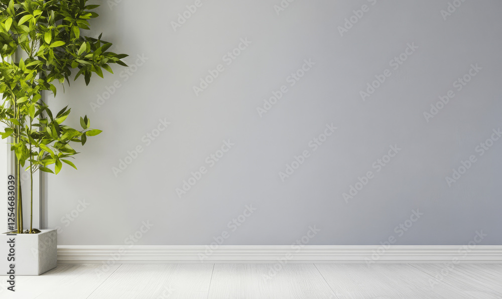 Indoor plant enhances a minimalist space with neutral gray walls and bright flooring Indoor plant enhances a minimalist space with neutral gray walls and bright flooring