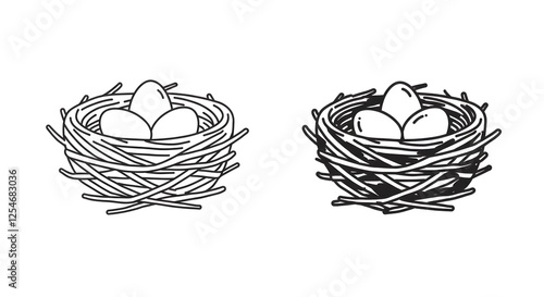 Hand Drawn Bird Nests with Eggs Illustration Style Line Art
