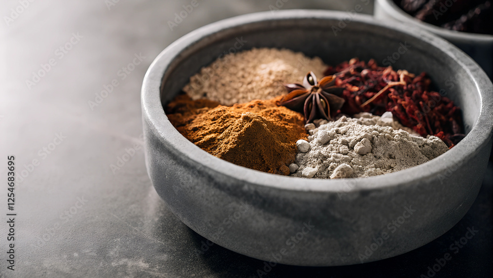 Assorted spices and herbs in bowls with star anise and cinnamon sticks Assorted spices and herbs in bowls with star anise and cinnamon sticks