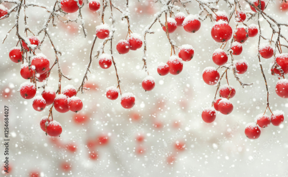 A branch covered with red fruits covered with a thin layer of snowflakes. The background is a blurry snow scene, and the whole picture is full of winter tranquility and beauty. A branch covered with red fruits covered with a thin layer of snowflakes. The background is a blurry snow scene, and the whole picture is full of winter tranquility and beauty.