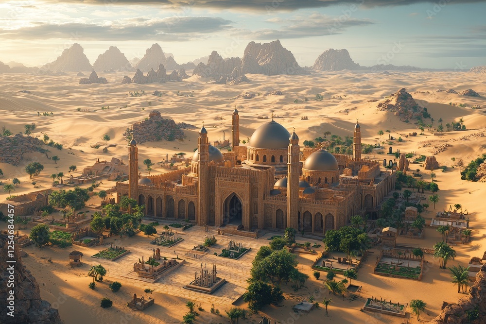 Obraz premium Desert Mosque Sunrise Oasis in Sands