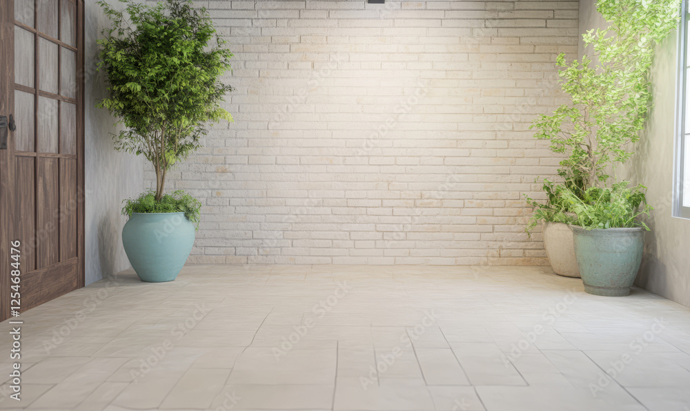 Cozy indoor space featuring neutral brick walls and lush green plants in decorative pots Cozy indoor space featuring neutral brick walls and lush green plants in decorative pots