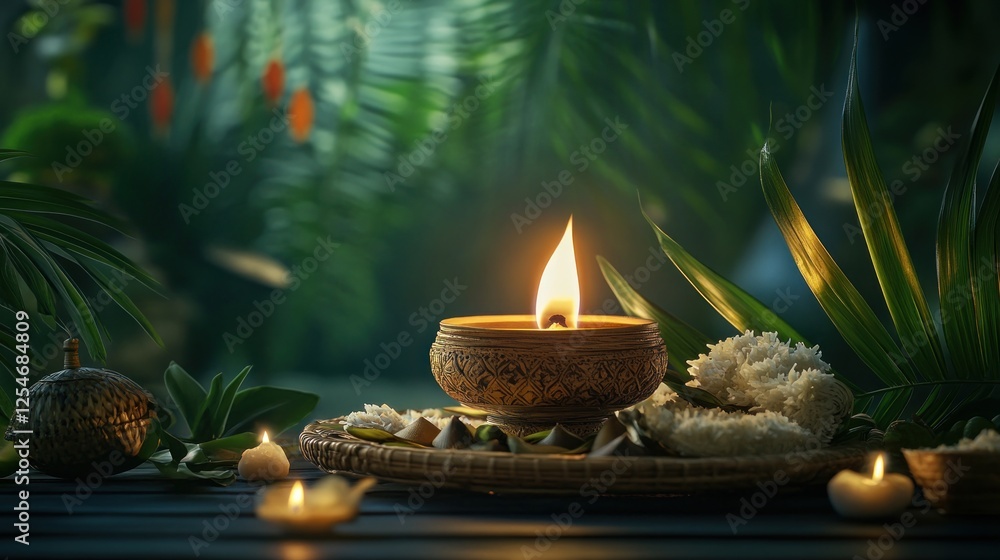 Obraz premium Tranquil candlelit scene, lush foliage backdrop, spa setting