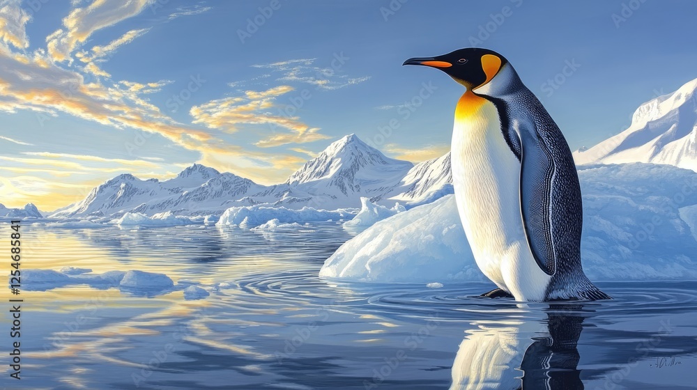 Fototapeta premium Majestic Emperor Penguin Standing on Iceberg with Snowy Mountains and Vibrant Sunset Background
