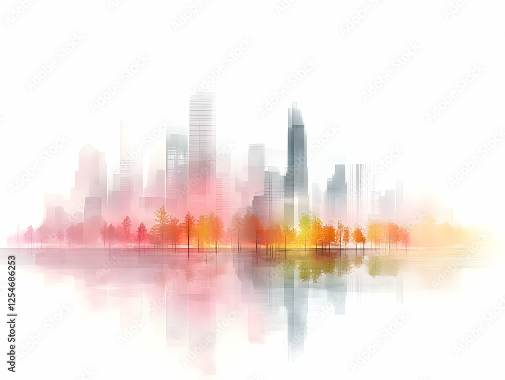 Cityscape Illustration with Autumn Trees