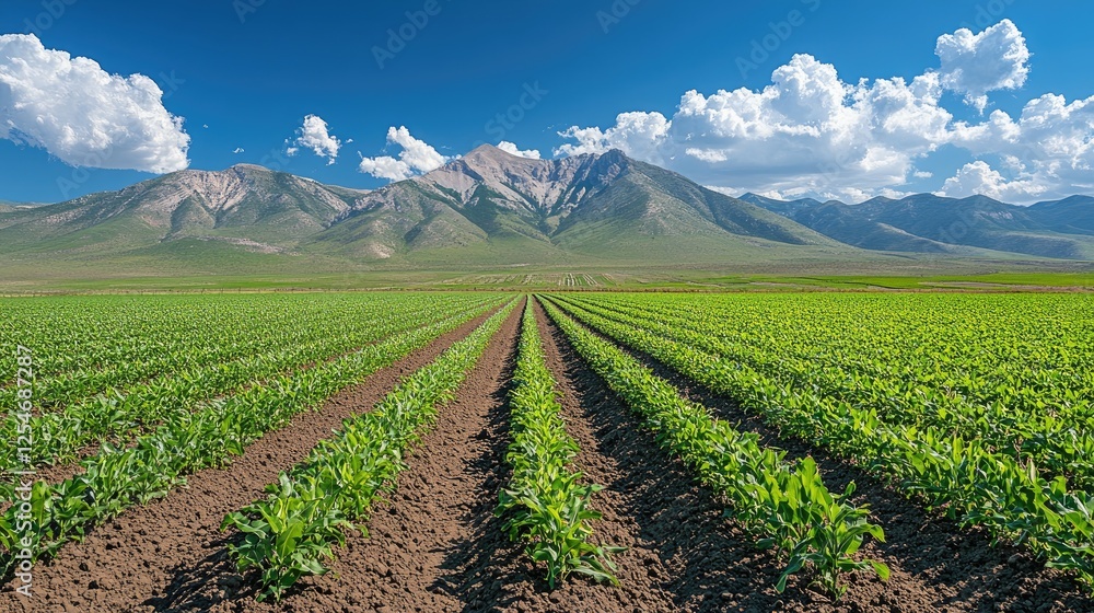 Lush green cornfield stretching towards majestic mountains under a bright blue sky Lush green cornfield stretching towards majestic mountains under a bright blue sky