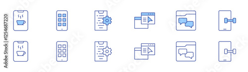 Application icon set in two styles, Duotone and Thin Line style. Editable stroke. app, apps, chat, coding, fitness app