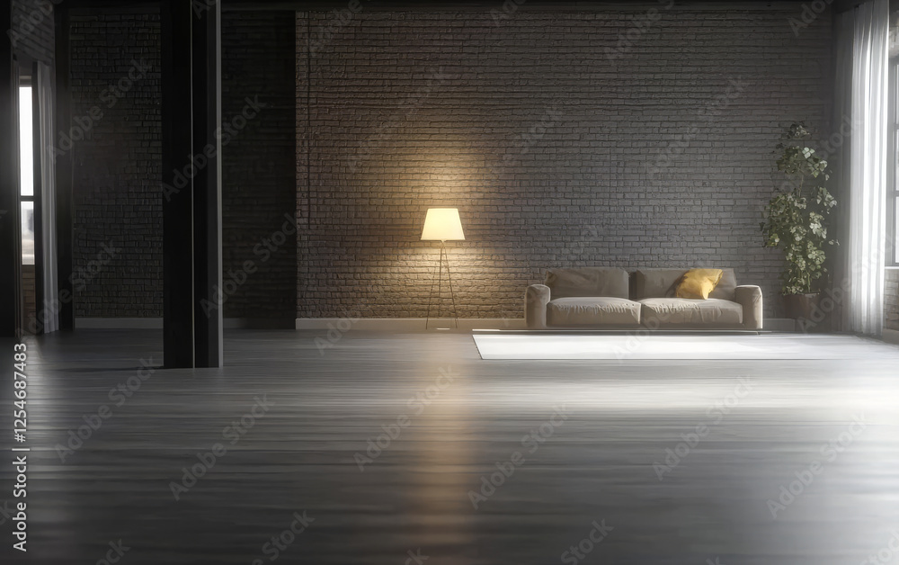 Fototapeta premium Modern interior space featuring a cozy sofa and warm lamp in a minimalist design
