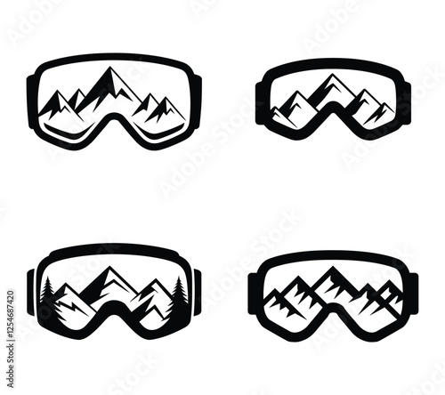 Ski Goggles with Mountain Reflection – Black and White Adventure Vector Illustration