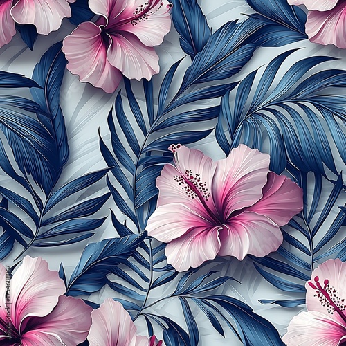 Hibiscus Floral Pattern with Blue Palm Leaves Artistic Background