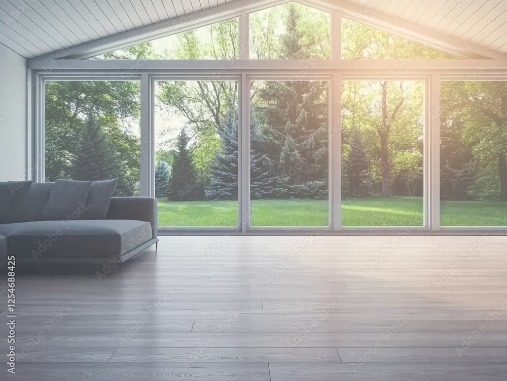 Fototapeta premium Modern living room with large windows showcasing lush greenery during daylight