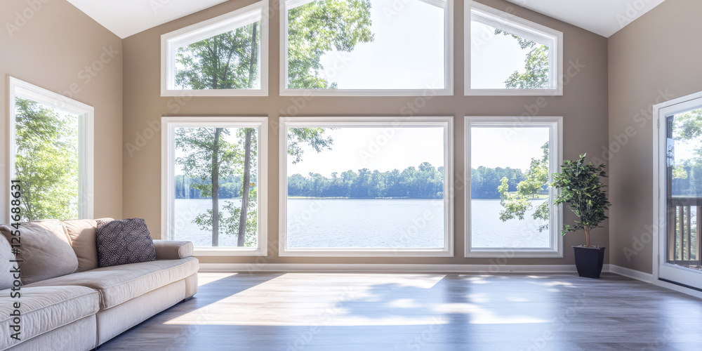 Fototapeta premium Modern living room with large windows overlooking tranquil lakeside view